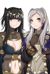 2girls ao_saryaruhu arm_under_breasts armlet black_bra black_eyes black_hair bodysuit bra bracelet breasts brown_eyes brown_gloves center_opening cleavage cloak coat collarbone collared_jacket expressionless eyelashes female_focus female_robin_(fire_emblem) fire_emblem fire_emblem_awakening fire_emblem_warriors gloves hand_on_own_chest hand_up happy highres hime_cut jacket jewelry large_breasts lips long_hair long_sleeves looking_at_viewer looking_to_the_side matching_hair/eyes medium_breasts midriff multiple_girls navel official_alternate_costume pauldrons robin_(female)_(grandmaster)_(fire_emblem) see-through_bodysuit see-through_clothes short_twintails shoulder_armor sidelocks sideways_glance simple_background smile standing swept_bangs tharja_(fire_emblem) tiara turtleneck turtleneck_bodysuit twintails underwear upper_body white_background white_hair wide_sleeves