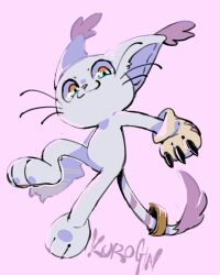 Rule 34 | 96ginutdr, animal hands, blue eyes, body fur, cat, digimon, digimon (creature), full body, gloves, paw gloves, pink background, simple background, tailmon, whiskers, white fur