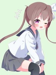 1girl black_thighhighs blush bow brown_hair fang green_background grey_neckerchief grey_skirt hair_bow long_hair long_sleeves looking_at_viewer momochi_tamate neckerchief one_eye_closed open_mouth pink_eyes r245 school_uniform shirt sitting skirt slow_start smile striped_background thighhighs twintails white_bow white_shirt wink