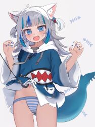 1girl @_@ absurdres animal_ears blue_eyes blue_hair blue_nails blue_panties blush cat_ears clothes_lift fins fish_tail gawr_gura gawr_gura_(1st_costume) grey_hair hair_ornament highres hololive hololive_english hood hoodie midriff multicolored_hair navel nekopurin_(nyanko_prin) open_mouth panties shark_girl shark_tail sharp_teeth shirt_lift solo streaked_hair striped_clothes striped_panties tail teeth underwear virtual_youtuber white_hoodie white_panties