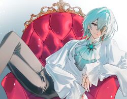 Rule 34 | 1boy, absurdres, alternate costume, anaxa (honkai: star rail), ascot, black pants, chain, chair, closed mouth, earrings, easy chair, eyepatch, hair between eyes, hand tattoo, highres, honkai: star rail, honkai (series), jewelry, looking at viewer, male focus, medium hair, pants, red tattoo, shirt, side ponytail, single earring, sitting, solo, tattoo, twitter username, white shirt, yulm315001