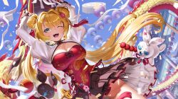 1girl absurdres bao_bao_(dokibird) blonde_hair breasts cleavage cowboy_shot day dokibird_(vtuber) dokibird_(vtuber)_(retro_doki) dress dutch_angle green_eyes highres indie_virtual_youtuber khoaphan96 lantern large_breasts long_hair long_sleeves looking_at_viewer mei_mei_(dokibird) one_eye_closed open_mouth outdoors paper_lantern pleated_skirt red_dress skirt sky smile solo twintails very_long_hair virtual_youtuber
