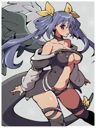 1girl angel_wings bare_shoulders belt black_panties black_thighhighs blue_hair border breasts center_opening collarbone detached_sleeves dizzy_(guilty_gear) guilty_gear guilty_gear_x guilty_gear_xx hair_between_eyes hair_ribbon hair_rings highres itsuka_neru large_breasts long_hair long_sleeves monster_girl navel panties puffy_long_sleeves puffy_sleeves red_eyes ribbon sideboob solo tail tail_ornament tail_ribbon thighhighs thighs twintails underboob underwear white_border wings yellow_ribbon