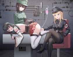 3girls absurdres bdsm black_gloves black_hair black_pantyhose blonde_hair blue_eyes blush bondage bound brown_eyes brown_hair clipboard commission cross enema femdom fingering gloves green_eyes hat highres holding holding_clipboard indoors iron_cross japanese_clothes long_hair man_in_the_high_castle medium_hair miko military military_hat military_uniform multiple_girls nazi nazism open_mouth original pantyhose restrained sitting swastika teeth thighhighs white_thighhighs world_war_ii yasaidaikon yuri