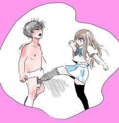 1boy 1girl ball_busting black_thighhighs crotch_kick thighhighs