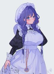 1girl absurdres apron blue_eyes blue_hair blush braid breasts grey_background hat highres hololive hololive_english juliet_sleeves kokomi_(aniesuakkaman) large_breasts long_hair long_sleeves maid maid_apron mob_cap ouro_kronii ouro_kronii_(maid) pocket_watch puffy_sleeves signature twin_braids virtual_youtuber watch