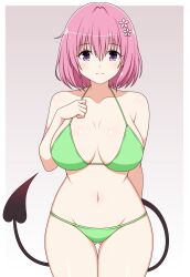 1girl bikini blush breasts cleavage closed_mouth demon_tail green_bikini highres ichiryuu_tsumiki large_breasts legs looking_at_viewer momo_velia_deviluke navel pink_hair purple_eyes short_hair simple_background solo standing stomach swimsuit tail thigh_gap thighs to_love-ru white_background