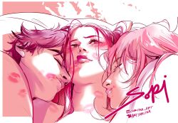 Rule 34 | 1girl, 2boys, abby (kpop demon hunters), absurdres, artsoritha, blush, closed eyes, eyelashes, hashtag-only commentary, highres, instagram logo, instagram username, kpop demon hunters, lipstick mark, lipstick mark on neck, long hair, looking to the side, lying, mira (kpop demon hunters), multiple boys, on back, pink hair, pink lips, romance (kpop demon hunters), short hair, twitter logo, twitter username