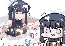 1boy 1girl apron arona_(blue_archive) bandana black_bandana black_hair blue_archive blue_halo breasts brown_apron chibi chibi_inset crop_top doodle_sensei_(blue_archive) flying_sweatdrops halo holding holding_photo icing jazz_jack large_breasts long_hair looking_at_viewer pastry_bag photo_(object) purple_eyes saori_(blue_archive) sensei_(blue_archive) tongue tongue_out