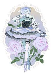 1girl ballet_dress ballet_slippers black_choker black_ribbon blue_lips choker closed_mouth cloud cloud_hair_ornament crescent crying crying_with_eyes_open dress eyelashes fingernails flower frilled_dress frilled_thigh_strap frills full_body highres leaf lips looking_down medium_hair nail_polish off-shoulder_dress off_shoulder original pale_skin picture_frame pink_flower pink_rose purple_hair purple_nails purple_shoes ribbon rose shoes signature solo tears thigh_strap thorns tutu yellow_eyes yukikoutya