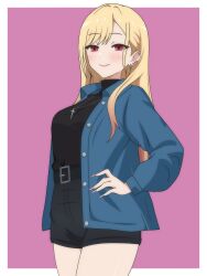 Rule 34 | 1girl, absurdres, black shorts, blonde hair, blue jacket, border, breasts, closed mouth, collared jacket, cross, cross necklace, dani (angrymatthew), denim, denim shorts, ear piercing, eyebrows hidden by hair, eyes visible through hair, gyaru, hand on own hip, high-waist shorts, highres, jacket, jewelry, kitagawa marin, large breasts, long hair, looking at viewer, multicolored hair, necklace, open clothes, open jacket, outside border, piercing, pink eyes, pink hair, purple background, shirt, short shorts, shorts, smile, solo, sono bisque doll wa koi wo suru, standing, streaked hair, swept bangs, thighs, turtleneck, turtleneck shirt, very long hair, white border