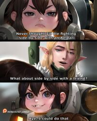 1boy 1girl armor blonde_hair brown_eyes brown_hair dwarf eldar elf english_text friends frown hair_between_eyes heresy highres leagues_of_votann long_hair meme pointy_ears pout power_armor scene_reference sgt_lonely smile tall_male the_lord_of_the_rings tolkien&#039;s_legendarium tooth_gap warhammer_40k