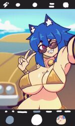 1girl absurdres animal_ear_fluff animal_ears bell bikini blue_hair blurry blurry_background breasts car cat_ears cat_girl choker collarbone doce fake_phone_screenshot fake_screenshot female_focus freckles gold_bikini grin hair_between_eyes highres jingle_bell large_breasts looking_at_viewer motor_vehicle navel ocean one_eye_closed original outdoors pink_eyes selfie sharp_teeth short_hair side-tie_bikini_bottom sky smile solo string_bikini sunglasses swimsuit teeth tinted_eyewear upper_body v wink xiao_(docecaedrus)