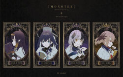 4girls ahoge ao-chan_(ninomae_ina&#039;nis) bilingual_commentary black_gloves black_hair blonde_hair blue_eyes blue_hair blunt_bangs book brown_hair cape card_(medium) center-flap_bangs chain chain_headband character_name closed_mouth collared_cape commentary copyright_notice detached_sleeves english_commentary enigmatic_recollection fanged_bangs frilled_sleeves frills gigi_murin gigi_murin_(1st_costume) gloves gradient_hair grey_hair grin hair_intakes halo headband holding holding_book holding_quill hololive hololive_english jacket jewelry language_commentary long_hair mechanical_halo mixed-language_commentary mokoppe mole mole_under_eye multicolored_hair multiple_girls ninomae_ina&#039;nis ninomae_ina&#039;nis_(1st_costume) official_art orange_hair ouro_kronii ouro_kronii_(1st_costume) pink_eyes pointy_ears purple_hair quill ring sharp_teeth shiori_novella shiori_novella_(1st_costume) short_hair short_twintails sidelocks smile split-color_hair straight_hair tarot tarot_(medium) teeth tentacle_hair twintails two-tone_hair veil virtual_youtuber white_cape white_sleeves white_veil wide_sleeves yellow_eyes yellow_jacket