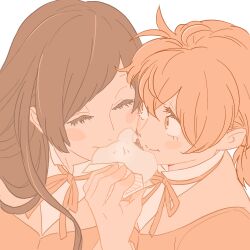 Rule 34 | 2girls, 55bata6rou, ahoge, black hair, blush, closed eyes, collared shirt, eating, eyelashes, food, highres, holding, holding food, koito yuu, long hair, looking at another, low twintails, multiple girls, nanami touko, neck ribbon, orange hair, ribbon, school uniform, shared food, shirt, short hair, short twintails, simple background, smile, steamed bun, tohmi higashi high school uniform, twintails, upper body, white background, yagate kimi ni naru