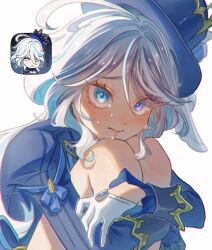 Rule 34 | 1girl, ahoge, blue eyes, blue headwear, chibi, commentary request, crying, crying with eyes open, furina (genshin impact), genshin impact, gloves, hat, heterochromia, highres, kizumi (kizumi tbdi1011), knees up, long hair, long sleeves, looking at viewer, multiple views, purple eyes, simple background, sitting, tears, top hat, very long hair, white background, white gloves, white hair