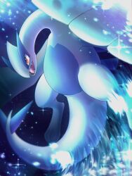 absurdres blurry commentary creatures_(company) fangs game_freak gen_2_pokemon happy highres legendary_pokemon looking_down lugia nintendo no_humans open_mouth pokemon pokemon_(creature) smile solo sparkle tongue watermark yujyu