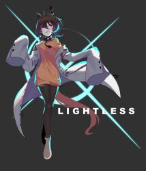 1girl agnes_tachyon_(umamusume) ahoge animal_ears black_necktie black_pantyhose black_shirt brown_hair collared_shirt cork empty_eyes english_text full_body grey_background haibarasaika hair_between_eyes highres horse_ears horse_girl lab_coat long_sleeves messy_hair necktie pantyhose red_eyes shirt short_hair simple_background sleeves_past_fingers sleeves_past_wrists solo sweater sweater_vest test_tube umamusume white_footwear yellow_sweater