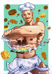 1boy :q absurdres apron bara beard blonde_facial_hair blonde_hair cheese chef chef_hat cowboy_shot dated facial_hair food full_beard hairy hat highres ke_bu_ke_yi_se_se large_pectorals lgbt_pride looking_at_viewer male_focus mature_male muscular muscular_male naked_apron nipples original pectorals rainbow_cake seductive_smile smile solo sparse_chest_hair thick_arm_hair thick_eyebrows thick_navel_hair tongue tongue_out tsurime