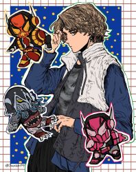 1boy blue_hoodie brown_hair commentary earrings highres hood hoodie jacket jewelry kamen_rider kamen_rider_gavv_(series) kamen_rider_vram lakia_amarga looking_at_viewer male_focus short_hair silver_earrings simple_background tantotete904 tokusatsu two-tone_hoodie yellow_eyes