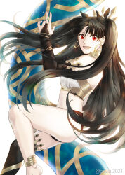 1girl anklet bandeau black_bridal_gauntlets black_hair black_panties breasts bridal_gauntlets commentary_request earrings fate/grand_order fate_(series) gavial2021 highres hoop_earrings ishtar_(fate) jewelry korean_commentary long_hair looking_at_viewer open_mouth panties red_eyes single_thighhigh small_breasts smile solo thighhighs twitter_username two_side_up underwear very_long_hair white_bandeau