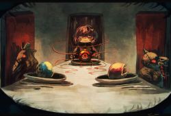 1girl bird cat crow dinner gradient_background hairband heart kaenbyou_rin kaenbyou_rin_(cat) komeiji_satori koto_inari pink_hair plate raven reiuji_utsuho reiuji_utsuho_(bird) short_hair stitches stuffed_animal stuffed_toy table third_eye touhou