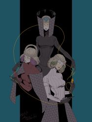 3girls atropos_(megami_tensei) blonde_hair bodysuit braid cape clotho_(megami_tensei) gloves lachesis_(megami_tensei) memessa multicolored_hair multiple_girls persona scissors shin_megami_tensei string yellow_eyes