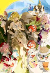 6+girls absurdres aglaea_(honkai:_star_rail) ancient_greek_clothes angel_wings animal_ears aqua_hair blue_eyes breast_tattoo castorice_(honkai:_star_rail) cat_ears cat_girl cat_tail chair chimera_(honkai:_star_rail) chrysos_heirs_(honkai:_star_rail) cipher_(honkai:_star_rail) commentary_request cross-shaped_pupils cup dress drill_hair flower food garmentmaker_(honkai:_star_rail) gold_tattoo greco-roman_clothes green_eyes hair_flower hair_ornament hat head_wreath highres holding holding_cup honkai:_star_rail honkai_(series) hyacine_(honkai:_star_rail) laurel_crown little_ica_(honkai:_star_rail) long_hair mannequin multicolored_hair multiple_girls on_chair pegasus pink_hair pointy_ears purple_eyes purple_hair red_dress red_hair red_hat short_hair sitting stella_(105_yoru) symbol-shaped_pupils table tail tattoo trianne_(honkai:_star_rail) tribbie_(honkai:_star_rail) trinnon_(honkai:_star_rail) twin_drills twintails two-tone_hair watermark white_dress wings