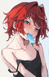 Rule 34 | 1girl, absurdres, ahoge, akechi (akechi 5416), ange katrina, black camisole, blue eyes, blush, camisole, collarbone, food, food in mouth, food on body, food on breasts, hair intakes, hair ornament, hairclip, head tilt, highres, looking at viewer, medium hair, messy hair, nijisanji, popsicle, red hair, solo, sweat, virtual youtuber, white background