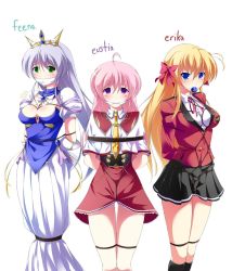 10s 3girls aiyoku_no_eustia arms_behind_back august_soft ball_gag bdsm black_socks blonde_hair blue_eyes blush bound bound_legs bow company_connection crossover eustia_astraea feena_fam_earthlight fortune_arterial gag gagged green_eyes hair_bow hair_ribbon kneehighs long_hair looking_at_viewer maullarmaullar multiple_girls open_mouth purple_hair ribbon rope school_uniform sendou_erika skirt socks white_background yoake_mae_yori_ruri_iro_na