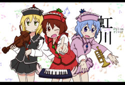 Rule 34 | 3girls, black skirt, black vest, blonde hair, blue hair, bow (music), brown eyes, brown hair, closed mouth, commentary request, cowboy shot, daike (yataka), expressionless, green eyes, hat, holding, holding bow (music), holding instrument, holding violin, instrument, keyboard (instrument), letterboxed, long sleeves, looking at viewer, lunasa prismriver, lyrica prismriver, merlin prismriver, multiple girls, musical note, nichijou, one eye closed, open mouth, pink hat, pink shirt, pink skirt, purple eyes, red skirt, red vest, shirt, short hair, siblings, sisters, skirt, skirt set, smile, touhou, trumpet, v-shaped eyebrows, vest, violin, white shirt