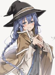 1girl as_buppa blue_eyes blue_hair blush braid brown_cape brown_capelet brown_cloak cape capelet cloak hair_between_eyes hat highres long_hair looking_at_viewer mushoku_tensei open_mouth own_hands_together roxy_migurdia smile solo steepled_fingers twin_braids white_background witch_hat