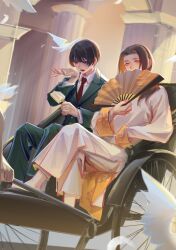 1other 2boys axis_powers_hetalia bird black_hair black_shoes blue_eyes brown_hair buttons changpao china_(hetalia) chinese_clothes chinese_commentary coach collared_shirt commentary_request covering_own_mouth crossed_legs dove feathered_wings feathers food formal_clothes full_body green_jacket green_pants hair_between_eyes hand_fan hand_up hands_up highres holding holding_fan holding_food holding_ice_cream ice_cream jacket japan_(hetalia) lapels long_hair long_sleeves looking_at_viewer looking_down low_ponytail male_focus multiple_boys necktie open_mouth orange_eyes pants pillar ponytail red_necktie shirt shoes short_hair sidelocks sitting suit suit_jacket sunlight touyoku1 white_pants white_shirt wide_sleeves wings
