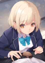1boy 1girl aqua_bow aqua_bowtie between_legs blazer blonde_hair blue_jacket bow bowtie censored collared_shirt commentary_request foreskin hands_on_another&#039;s_leg jacket kirishima_satoshi light_smile looking_at_viewer original penis penis_out school_uniform shirt short_hair white_shirt wooden_floor yellow_eyes