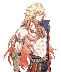 1boy abs absurdres arm_tattoo armlet armor bare_pectorals black_coat black_pants blonde_hair braid chest_tattoo clawed_gauntlets coat commentary_request cowboy_shot earrings facial_tattoo gold_earrings gold_necklace gradient_hair hair_between_eyes highres honkai:_star_rail honkai_(series) jewelry korean_commentary long_hair looking_to_the_side male_focus multicolored_hair mydei_(honkai:_star_rail) navel necklace open_clothes open_coat pants pauldrons pectorals red_hair red_tattoo shoulder_armor side_braid simple_background single_pauldron solo sugarsalt_o tattoo toned toned_male white_background yellow_eyes