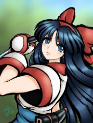 1girl ainu_clothes arm_up artist_name blue_eyes blue_hair fingerless_gloves from_side gloves hair_ribbon highres long_hair looking_at_viewer nakoruru ribbon samurai_spirits serious snk solo the_king_of_fighters very_long_hair weapon