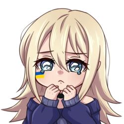 1girl black_choker blonde_hair blush choker crying facepaint hair_between_eyes henna_(hentaiukr) hentaiukr korzynka_persykiv long_hair non-web_source off_shoulder own_hands_clasped own_hands_together purple_sweater sad solo sticker sweater transparent_background ukrainian_flag