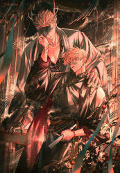 Rule 34 | 2boys, absurdres, antlers, black nails, blonde hair, brothers, chinese clothes, closed mouth, grey eyes, hand fan, hand on another&#039;s shoulder, highres, holding, holding fan, horns, looking at viewer, male focus, millions knives, multiple boys, parted lips, pectorals, round eyewear, short hair, siblings, sideburns, trigun, trigun stampede, undercut, vash the stampede, veil, yakikesen