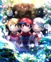 Rule 34 | 1girl, 2boys, ana (mother), baseball cap, black hair, blonde hair, dress, hat, highres, kurorinamori, lloyd (mother), male focus, mother (series), mother 1, multiple boys, ninten, nintendo, pink dress, scarf, shirt, short hair, short sleeves, shorts, striped clothes, striped shirt, twintails, winter clothes