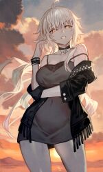1girl ahoge bracelet breasts choker collarbone commentary covered_navel cowboy_shot cross cross_choker dress fate/grand_order fate_(series) grey_dress highres jeanne_d&#039;arc_alter_(avenger)_(fate) jeanne_d&#039;arc_alter_(fate) lack large_breasts long_hair off_shoulder strap_slip studded_bracelet sunset white_hair yellow_eyes