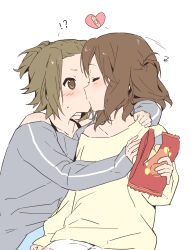 &gt;_&lt; 2girls arm_around_neck bag bag_of_chips bandaid blue_shorts blush brown_eyes brown_hair commentary english_commentary grey_shirt heart highres hirasawa_yui holding holding_bag k-on! kiss long_sleeves multiple_girls off-shoulder_shirt off_shoulder shaofangziran shirt short_hair shorts simple_background sitting sitting_on_lap sitting_on_person tainaka_ritsu white_background white_shorts yellow_shirt yuri