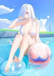 1girl absurdres alternate_eye_color animal animal_on_head ball barefoot beach beachball bikini bird blue_sky breasts cleavage cloud cloudy_sky collarbone ear_piercing earrings eyebrows_hidden_by_hair eyes_visible_through_hair feet genshin_impact grass guoyandachishi hair_over_one_eye hand_on_ground highres hydro_slime_(genshin_impact) in_water jewelry long_hair looking_at_animal on_head open_mouth piercing purple_eyes shallow_water shenhe_(genshin_impact) sitting sky slime_(genshin_impact) solo stepping swimsuit tears very_long_hair water white_bikini white_hair white_nails