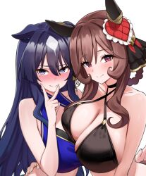 2girls animal_ears bikini black_bikini blue_bikini blue_eyes blue_hair blush braid braided_hair_rings breast_press breasts brown_hair choker cleavage ear_covers ear_piercing gentildonna_(umamusume) hair_rings happy heart_ear_ornament herohero_(higashi_no_dou) highres horse_ears horse_girl large_breasts long_hair multiple_girls one-armed_hug piercing red_eyes swimsuit symmetrical_docking umamusume v verxina_(umamusume)