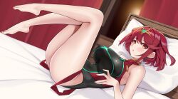 Rule 34 | ass, bare shoulders, barefoot, black one-piece swimsuit, blurry, blurry background, breasts, chest jewel, core crystal (xenoblade), full body, highleg, indoors, large breasts, lying, matrix16, on back, on bed, one-piece swimsuit, pillow, pyra (pro swimmer) (xenoblade), pyra (xenoblade), red eyes, red hair, red one-piece swimsuit, swimsuit, tiara, xenoblade chronicles (series), xenoblade chronicles 2