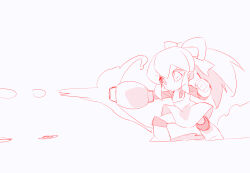 Rule 34 | 1girl, arm cannon, chibi, dress, full body, greyscale, high ponytail, kaidou zx, long hair, mega man: powered up, mega man (classic), mega man (series), monochrome, outline, ponytail, red outline, red theme, roll (mega man), simple background, sketch, solo, weapon, white background