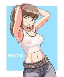 1girl armpits bare_shoulders belt breasts brown_hair character_name crop_top dead_or_alive dead_or_alive_5 denim hiroyama_(hpzg5374) hitomi_(doa) jeans large_breasts long_hair midriff pants see-through_clothes sleeveless