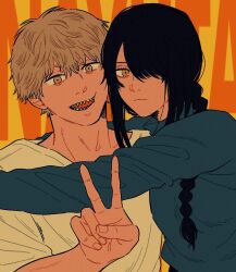 1boy 1girl black_hair blonde_hair blue_sweater braid braided_ponytail chainsaw_man cheek-to-cheek denji_(chainsaw_man) frown hair_over_one_eye heads_together hug llq9ull long_hair looking_at_viewer nayuta_(chainsaw_man) open_mouth ringed_eyes sharp_teeth shirt short_hair smile sweater teeth v white_shirt yellow_eyes
