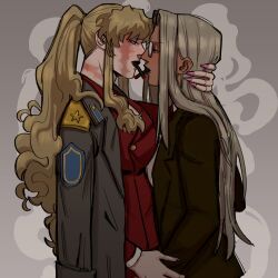 2girls absurdres balalaika_(black_lagoon) black_lagoon blonde_hair breasts cigar cigarette_kiss commentary crossover english_commentary eye_contact fingernails glasses grey_background hellsing highres integra_hellsing jacket jacket_on_shoulders large_breasts long_hair look-alike looking_at_another multiple_girls nail_polish noses_touching ponytail scar scar_on_face sharp_fingernails simple_background smoking trait_connection uio590 upper_body very_long_hair yuri