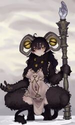 Rule 34 | 1girl, absurdres, body piercings, breasts, disembodied eye, ekrea jan, elden ring, elden ring nightreign, extra eyes, genderswap, genderswap (mtf), goat horns, goat legs, highres, holding, holding staff, hooves, horizontal pupils, horns, in-universe location, libra (elden ring), mage staff, medium breasts, navel, personification, pointy ears, solo, squatting, staff, tail, underboob, very big eyes, yellow eyes