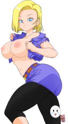 1girl android_18 ass blonde_hair blue_eyes breasts breasts_out caisama caisamax dragon_ball happy nipples smile solo thick_thighs thighs white_background